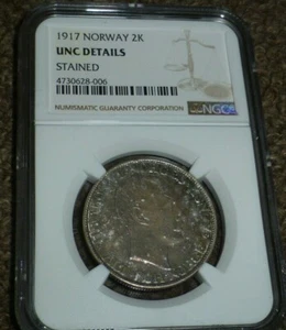 NORWAY 2 KRONER 1917 NGC UNCIRCULATED DETAILS AMAZING EYE APPEAL - Picture 1 of 12