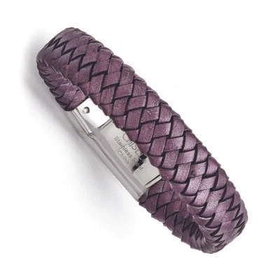 Pulsera Cincel Acero Inoxidable Pulido Metálico Púrpura Cuero Tejido 7.5" Foto 1 de 2