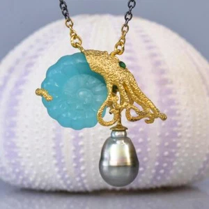 Halskette Nautilus Octopus Chalzedon Tahitische Pearl Gold Vermeil Sterling - Bild 1 von 12