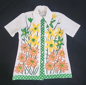 60s 70s MID MOD Women’s Flowers Button Shirt Blouse Vintage Bright Medium #1558 - Picture 1 of 14