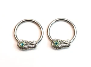 Pair of 14G Peacock Feather Hoop Earrings Surgical Steel Nipple Rings Ear Gauges - Picture 1 of 3