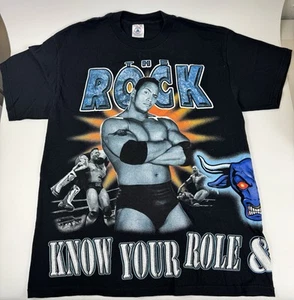 VTG WWF THE ROCK Large T-Shirt KNOW YOUR ROLE Shut Your Mouth All Over Print OG - Picture 1 of 3