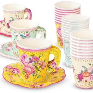 | 24 x Vintage Paper Floral Disposable Tea Cups & Saucer Set, Afternoon Tea P... - Picture 1 of 7