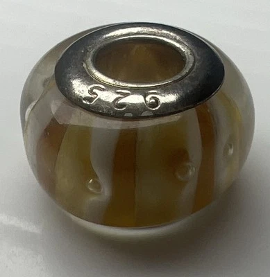 Conta de vidro Murano prata esterlina 925 listrada branca europeia âmbar laranja - Imagem 1 de 4