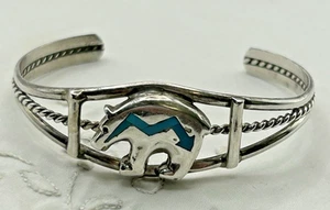 Vintage Native American Sterling Silver Turquoise Bear Fetish Cuff Bracelet 6" - Imagen 1 de 6
