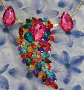 Dolly-Bijoux Fantaisie Parure 2 en 1 Grande Fleur de Diamant Cz Multicolore - Picture 1 of 1