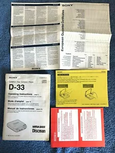 VINTAGE Notice Mode d'emploi GARANTIE SONY D33 Compact Disc Player DISCMAN 1991 - Photo 1/12