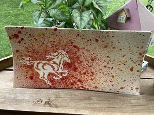 Handmade Wht Ceramic Rectangle Art Decor Embossed Horse Print W/splatter paint ￼ - Picture 1 of 6