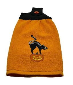 Halloween Hanging Dishtowel Black Cat and Pumpkin Decal on Orange Towel - Picture 1 of 6