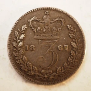 1867 Great Britain Silver 3 Pence (3P) - FREE SHIPPING! M5371 - Picture 1 of 2