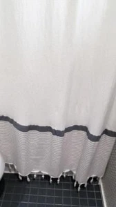 Nautical Bath Shower Curtain YACHT CLUB Blue Denim w Tan Stripe and Rope Fringe - Picture 1 of 5