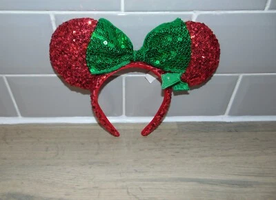 Disney Store Navidad Orejas de Minnie Mouse Lentejuelas Rojo Verde En muy buena condición Foto 1 de 4