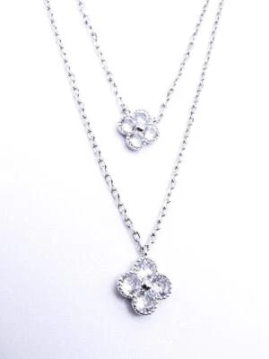 NEW Dainty 18kt White Gold Plated Crystals 2 Clover Layered Necklace & Earrings - Image 1 of 4