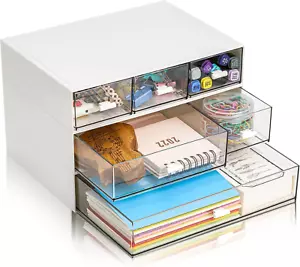 3 Tier Desk Organizer with Drawer, Stackable Desktop Storage Box, Clear Plastic - Picture 1 of 7