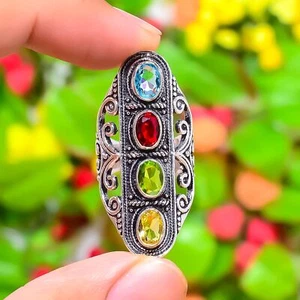 Natural Multi Gemstone Handmade 925 Sterling Silver Gift Jewelry Ring Gift l072 - Picture 1 of 7