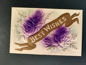Best Wishes Post Card c1910 Embossed Flowers Banner Rose Greeting Purple Brushed - Picture 1 of 2