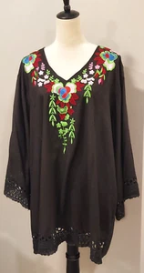 S.R. Fashion Women's Black Floral Embroidered Tunic Bells Sleeves XXL - Picture 1 of 9