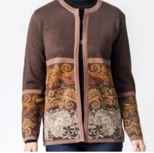 Peruvian Link Cardigan Sweater Womens Small Brown Flowers Details Open Front - Picture 1 of 8