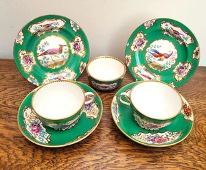 Antique Booths Exotic Birds Green x2 Cups and Saucers x2 Plates and Sugar bowl - Picture 1 of 14