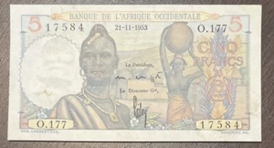 French West Africa 1953 5 Francs UNC LIKE Banknote - Picture 1 of 2