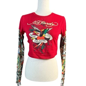 Top corto Ed Hardy rojo tatuaje gráfico manga larga malla capas talla M Y2K - Imagen 1 de 6