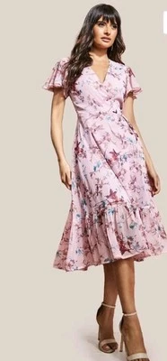 City Goddess Goddiva Floral Wrap Pink/peach Skater Midi Dress Bnwt NEW  - Image 1 of 4