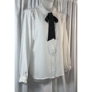 Karl Lagerfeld Paris Ruffled Polka Dots Bow Tie Shirt L Cottagecore Chic 80-31 - Picture 1 of 16