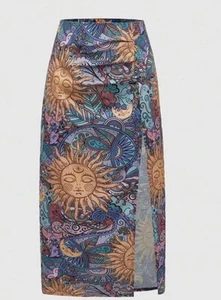 Women Plus Size Multi Color Slinky Midi Elastic Waist High Slit Zipper Skirt - Bild 1 von 2