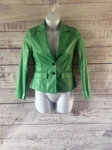 River Island Size 12 Green Faux Leather Blazer Fitted Jacket Bold Statement - Picture 1 of 20