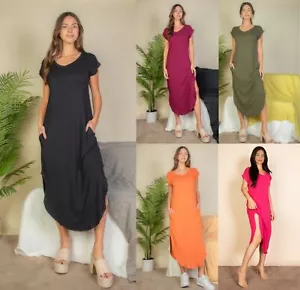 Women's V-Neck Maxi Dress Batwing Short Sleeve Pocket Stretch Lounge T-Shirt - Picture 1 of 28