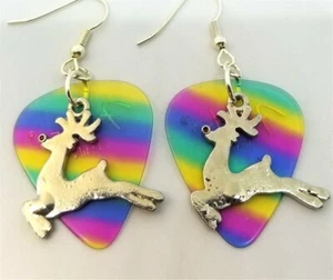 Leaping Reindeer Charm Guitar Pick Earrings - Pick Your Color - Picture 1 of 9