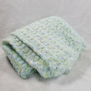 Handmade Knitted Afghan Baby Blanket 38"x 35” Pastel Green White Blue Crib Car