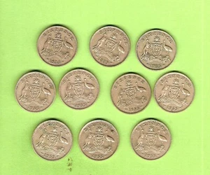 TEN  1955  AUSTRALIAN SILVER SIXPENCE COINS - Picture 1 of 2