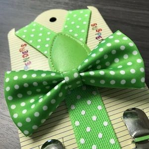 "GREEN POLKA DOT" Matching Suspender & Bow-Tie Set Kids Toddler Baby Boys Girls - Picture 1 of 5
