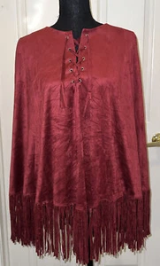 Marc Bouwer Unlimited Missy One Size Burgundy Faux Suede Fringed Poncho!!! - Picture 1 of 6