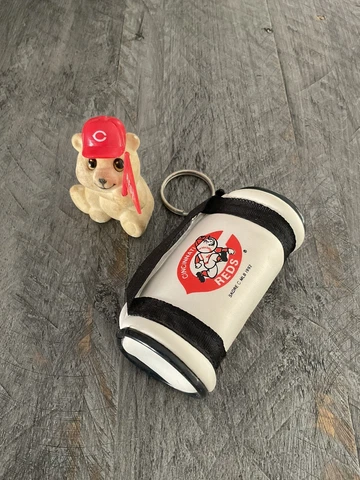 Two Vtg Cincinnati Reds Items -Baseball Duffle Bag Keychain Coin Wallet, Bear Cover