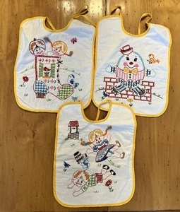 VTG Baby Bibs Embroidered Nursery Rhyme Cotton Tie Closure 12” Long Set Of 3 - Picture 1 of 13