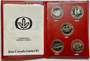 Juego de 5 monedas 1977-1981 Jeux Canada Games recubiertas Thunder Bay, Ontario sin circular - Imagen 1 de 11