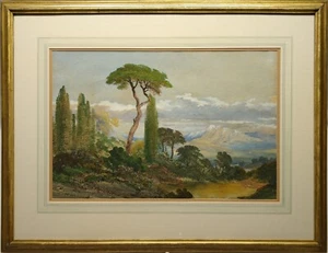 ONORATO CARLANDI ATTR. ORIGINAL ANTQIE GOUACHE PAINTING ITALIAN LANDSCAPE FRAMED - Picture 1 of 24