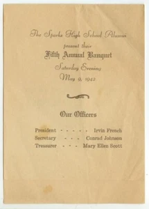 Segunda Guerra Mundial 9 de mayo de 1942 Sparks Kansas High School Alumni Quinto Banquete Anual Menú - Imagen 1 de 2