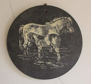 Circular Natural Slate Wall Plaque..Shetland pony and foal..