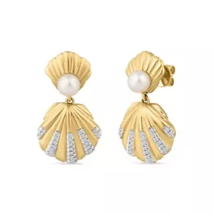 Freshwater Pearl Sea Shell Design Earrings 925 Fine Silver Dual Tone Jewelry - Picture 1 of 4