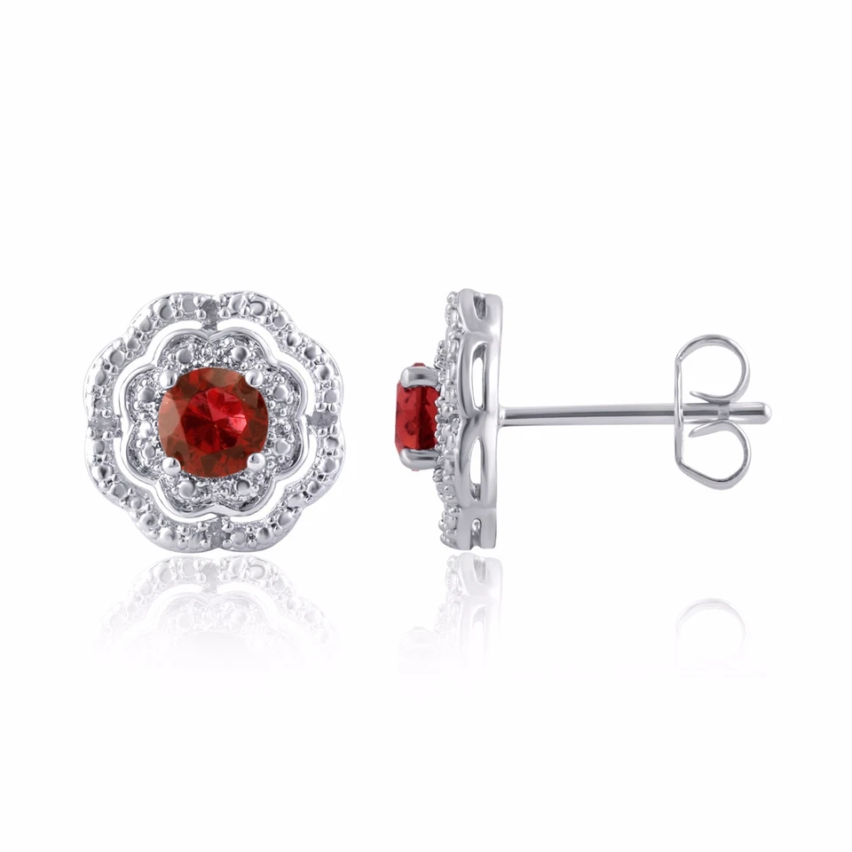 Brinco feminino folheado a ródio 14K com pedra preciosa de rubi e diamante redondo - Imagem 1 de 1