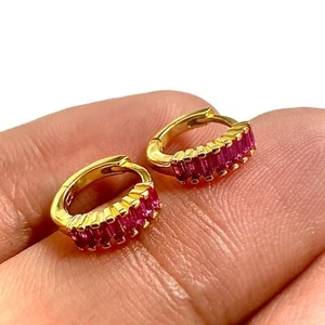Ruby Tone CZ Hoop Earrings 925 Silver Gold Plated Huggie Dainty Gift for Women - Picture 1 of 8