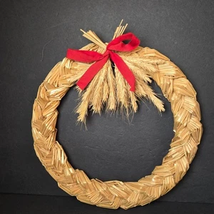 Scandinavian Straw Christmas Wreath 11.5" Handwoven Natural Wheat Red Bow Decor - Picture 1 of 6