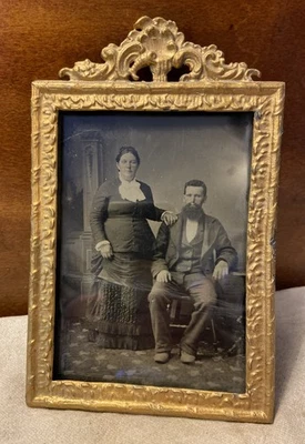 Antique 4x6 Ornate Gold Cast Iron Frame W/Tin Pocket Back & Tin Type Portrait - Image 1 of 4