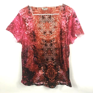 Women's One World Multicolor Beaded Scoop Neck Short Sleeve Blouse Size PL - Picture 1 of 5