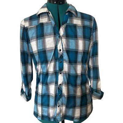 Women Bongo Brand Blouse Blue Plaid w/Lacey Back Polyester Blend Junior Size M Foto 1 de 4