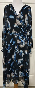 NWT DKNY size 8 black blue floral long sleeve fit & flare dress $134 - Picture 1 of 7