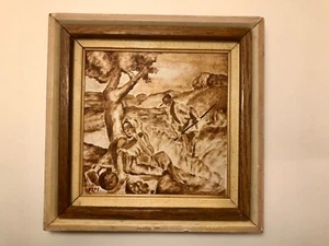 RARE Old European Italian Brown Grisaille Oil Painting on Masonite Signed 10x10 - Picture 1 of 6